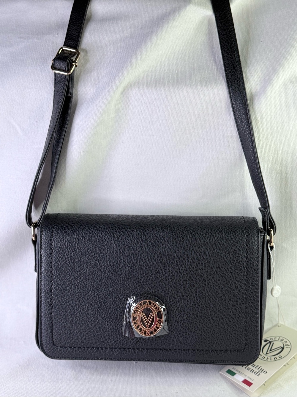 Black Pebbled Adjustable & Removable Strap Crossbody Bag By Valentino Orlandi